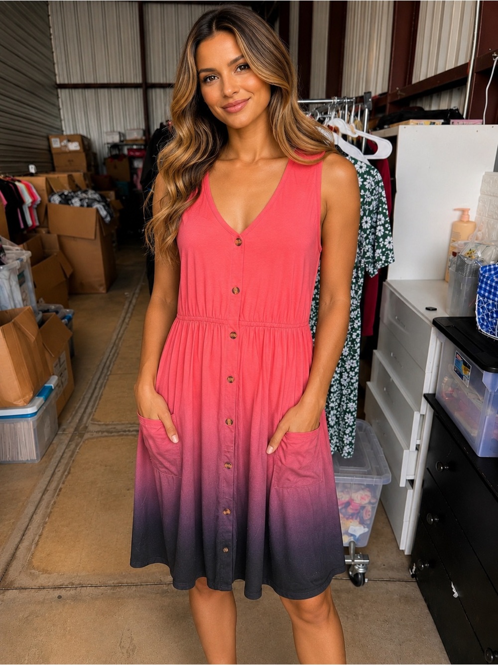 Button-Front V-Neck Mini Dress in Coral to Black Ombre